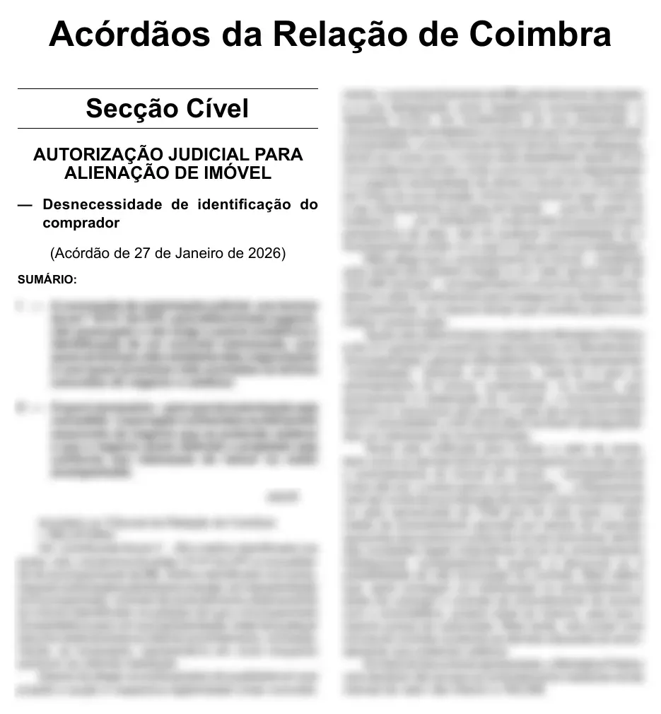Página de um acórdão da Relação de Coimbra no Tomo I/2026, com o assunto, a data e o sumário visíveis e o texto desfocado
