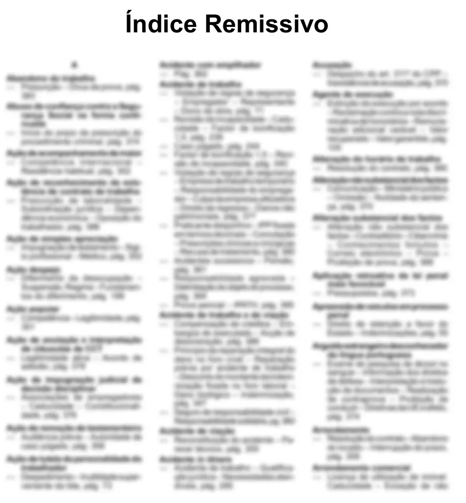 Primeira página do índice remissivo do Tomo I/2026, com as entradas desfocadas